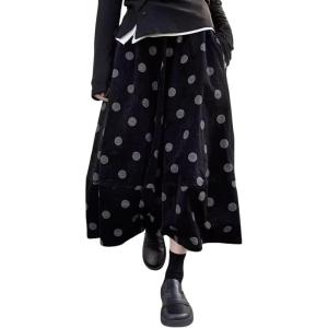 imagechouyatou Women Fall Y2K Polka Dot Coduroy Skirt Elastic Waist Winter ALine Flowy Pleated Midi Long SkirtBlack Grey