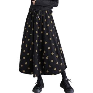 imagechouyatou Women Fall Y2K Polka Dot Coduroy Skirt Elastic Waist Winter ALine Flowy Pleated Midi Long SkirtBlack Yellow