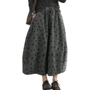 imagechouyatou Women Fall Y2K Polka Dot Coduroy Skirt Elastic Waist Winter ALine Flowy Pleated Midi Long SkirtGrey