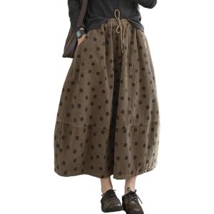 imagechouyatou Women Fall Y2K Polka Dot Coduroy Skirt Elastic Waist Winter ALine Flowy Pleated Midi Long SkirtKhaki