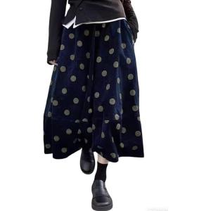 imagechouyatou Women Fall Y2K Polka Dot Coduroy Skirt Elastic Waist Winter ALine Flowy Pleated Midi Long SkirtNavy Blue