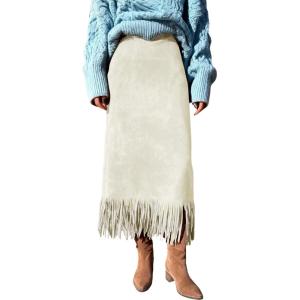 imagechouyatou Womens Fringe Trim Faux Suede Skirt High Waisted Pencil Dressy Fall Winter Midi Long SkirtBeige