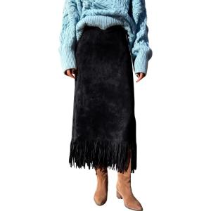 imagechouyatou Womens Fringe Trim Faux Suede Skirt High Waisted Pencil Dressy Fall Winter Midi Long SkirtBlack