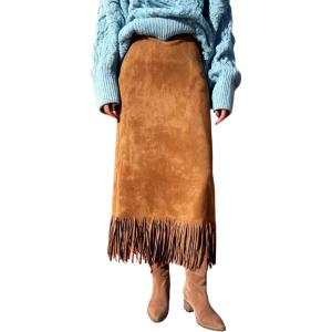 imagechouyatou Womens Fringe Trim Faux Suede Skirt High Waisted Pencil Dressy Fall Winter Midi Long SkirtBrown