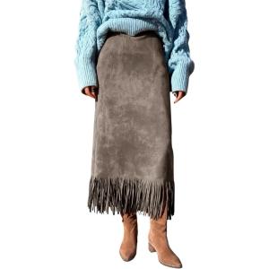 imagechouyatou Womens Fringe Trim Faux Suede Skirt High Waisted Pencil Dressy Fall Winter Midi Long SkirtGrey