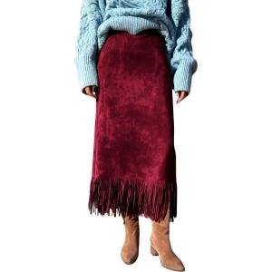 imagechouyatou Womens Fringe Trim Faux Suede Skirt High Waisted Pencil Dressy Fall Winter Midi Long SkirtRed