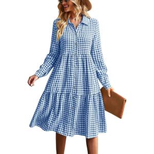 imagechouyatou Womens Retro Plaid Button Down Shirt Dress Long Sleeve Ruffle Tiered Midi Long Dress with PocketsBlue