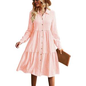 imagechouyatou Womens Retro Plaid Button Down Shirt Dress Long Sleeve Ruffle Tiered Midi Long Dress with PocketsOrange