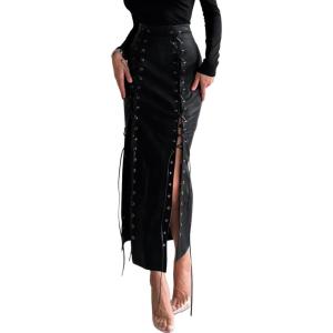 imagechouyatou Womens Sexy Lace Up Front ALine Skirt High Waist Pu Faux Leather Maxi Bodycon DressBlack