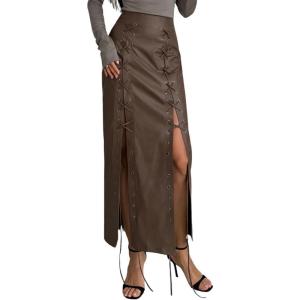imagechouyatou Womens Sexy Lace Up Front ALine Skirt High Waist Pu Faux Leather Maxi Bodycon DressDark Brown