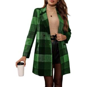 imagechouyatou Womens Vintage Plaid Pea Coat Double Breasted Wool Coat Mid Long Blazer Jacket Outerwear OvercoatGreen