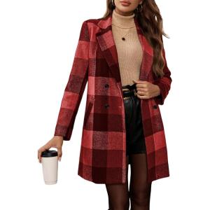imagechouyatou Womens Vintage Plaid Pea Coat Double Breasted Wool Coat Mid Long Blazer Jacket Outerwear OvercoatRed