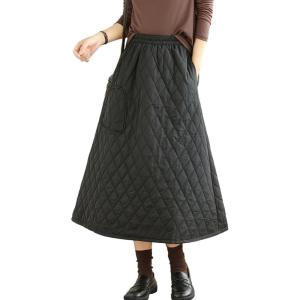 imagechouyatou Womens Winter Warm Elastic Waist Padded Quilted Midi Long Puffer Insulated Skirt with PocketBlack