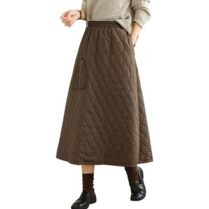 imagechouyatou Womens Winter Warm Elastic Waist Padded Quilted Midi Long Puffer Insulated Skirt with PocketBrown
