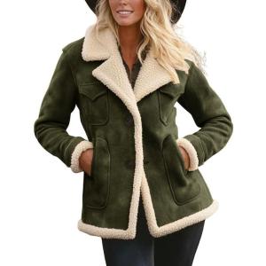 imagechouyatou Womens Winter Warm Notch Lapel Sherpa Fleece Lined Coat Faux Suede Jacket OuterwearArmy Green