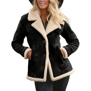 imagechouyatou Womens Winter Warm Notch Lapel Sherpa Fleece Lined Coat Faux Suede Jacket OuterwearBlack