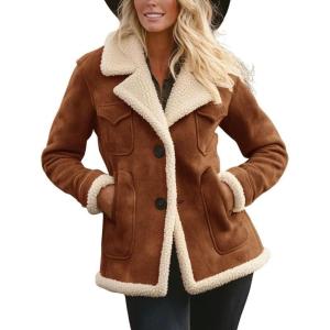 imagechouyatou Womens Winter Warm Notch Lapel Sherpa Fleece Lined Coat Faux Suede Jacket OuterwearBrown