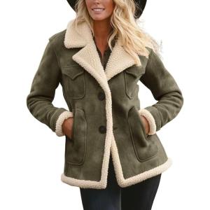imagechouyatou Womens Winter Warm Notch Lapel Sherpa Fleece Lined Coat Faux Suede Jacket OuterwearDark Green