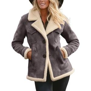 imagechouyatou Womens Winter Warm Notch Lapel Sherpa Fleece Lined Coat Faux Suede Jacket OuterwearGrey