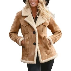 imagechouyatou Womens Winter Warm Notch Lapel Sherpa Fleece Lined Coat Faux Suede Jacket OuterwearKhaki
