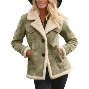 imagechouyatou Womens Winter Warm Notch Lapel Sherpa Fleece Lined Coat Faux Suede Jacket OuterwearLight Green
