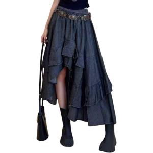 imagechouyatou Womens Y2K Irregular Ruffle Hem Denim Skirt Elastic Waist Split Thigh Midi Jean Tiered SkirtBlack