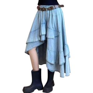 imagechouyatou Womens Y2K Irregular Ruffle Hem Denim Skirt Elastic Waist Split Thigh Midi Jean Tiered SkirtLight Blue