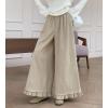 imagechouyatou Womens Elastic Waist Corduroy Wide Leg Pants Flare Bell Bottom Long Palazzo Pants Culottes with PocketsApricot