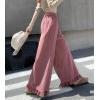 imagechouyatou Womens Elastic Waist Corduroy Wide Leg Pants Flare Bell Bottom Long Palazzo Pants Culottes with PocketsPink