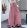 imagechouyatou Womens Elastic Waist Corduroy Wide Leg Pants Flare Bell Bottom Long Palazzo Pants Culottes with PocketsPink
