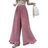 imagechouyatou Womens Elastic Waist Corduroy Wide Leg Pants Flare Bell Bottom Long Palazzo Pants Culottes with PocketsPink