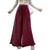 imagechouyatou Womens Elastic Waist Corduroy Wide Leg Pants Flare Bell Bottom Long Palazzo Pants Culottes with PocketsWine Red