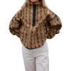 imagechouyatou Womens Fall Winter Warm Faux Fur Sweatshirt Cute Floral Zip Up Turtleneck Sherpa JacketKhaki