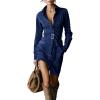 imagechouyatou Womens Long Sleeve Faux Suede Shirt Dress Casual Lapel Button Down Tunic Shift Mini Dresses with BeltBlue