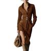 imagechouyatou Womens Long Sleeve Faux Suede Shirt Dress Casual Lapel Button Down Tunic Shift Mini Dresses with BeltBrown
