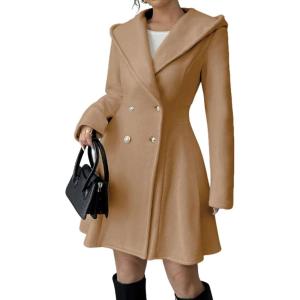 imagechouyatou Women Winter Double Breasted Hooded Wool Coat Casual ALine Wool Trench Coat Peacoat with HoodCamel