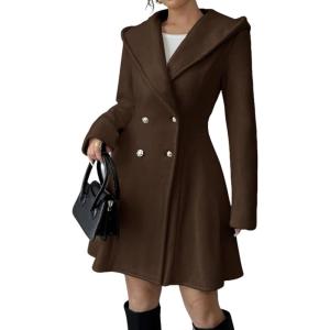 imagechouyatou Women Winter Double Breasted Hooded Wool Coat Casual ALine Wool Trench Coat Peacoat with HoodCoffee