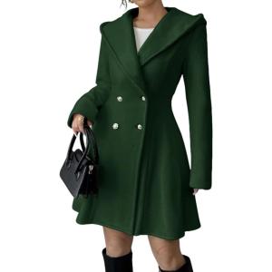 imagechouyatou Women Winter Double Breasted Hooded Wool Coat Casual ALine Wool Trench Coat Peacoat with HoodGreen