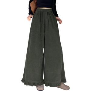 imagechouyatou Womens Elastic Waist Corduroy Wide Leg Pants Flare Bell Bottom Long Palazzo Pants Culottes with PocketsBlackish Green
