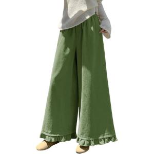 imagechouyatou Womens Elastic Waist Corduroy Wide Leg Pants Flare Bell Bottom Long Palazzo Pants Culottes with PocketsLight Green