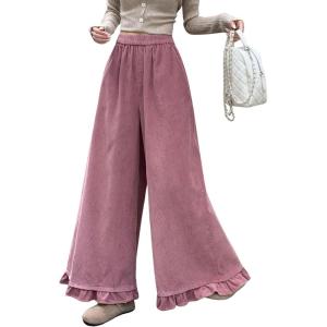 imagechouyatou Womens Elastic Waist Corduroy Wide Leg Pants Flare Bell Bottom Long Palazzo Pants Culottes with PocketsPink