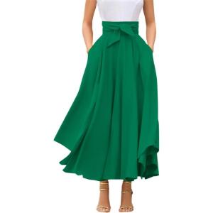 imagechouyatou Womens Elegant High Waisted Side Slit Irregular Bohemian Maxi Skirt with PocketsGreen