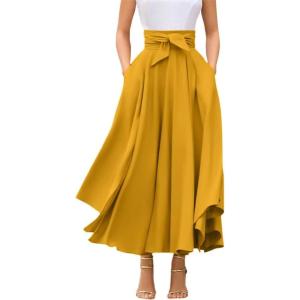 imagechouyatou Womens Elegant High Waisted Side Slit Irregular Bohemian Maxi Skirt with PocketsYellow
