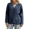 imagechouyatou Women Fall Notch VNeck Cable Knit Pullover Sweater Loose Winter Chunky Cozy Sweater Jumper TopDark Blue