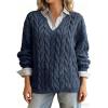 imagechouyatou Women Fall Notch VNeck Cable Knit Pullover Sweater Loose Winter Chunky Cozy Sweater Jumper TopDark Blue