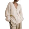 imagechouyatou Women Furry Open Front Cardigan VNeck Loose Casual Fluffy Knit Button Down Sweater CoatApricot