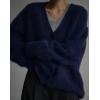 imagechouyatou Women Furry Open Front Cardigan VNeck Loose Casual Fluffy Knit Button Down Sweater CoatNavy Blue