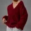 imagechouyatou Women Furry Open Front Cardigan VNeck Loose Casual Fluffy Knit Button Down Sweater CoatRed