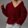 imagechouyatou Women Furry Open Front Cardigan VNeck Loose Casual Fluffy Knit Button Down Sweater CoatRed