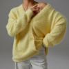imagechouyatou Women Furry Open Front Cardigan VNeck Loose Casual Fluffy Knit Button Down Sweater CoatYellow